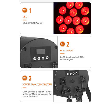 Luce per palcoscenico all'aperto IP65 impermeabile 18x20W LED Par RGBWA+UV 6 in 1 DMX512 Luce da lavaggio per festa di nozze