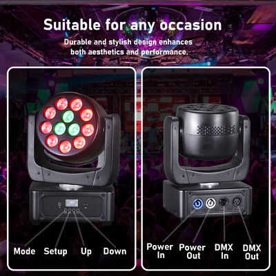 Testa mobile LED 12x8W RGBW con DMX 512 e attivazione sonora per palcoscenico